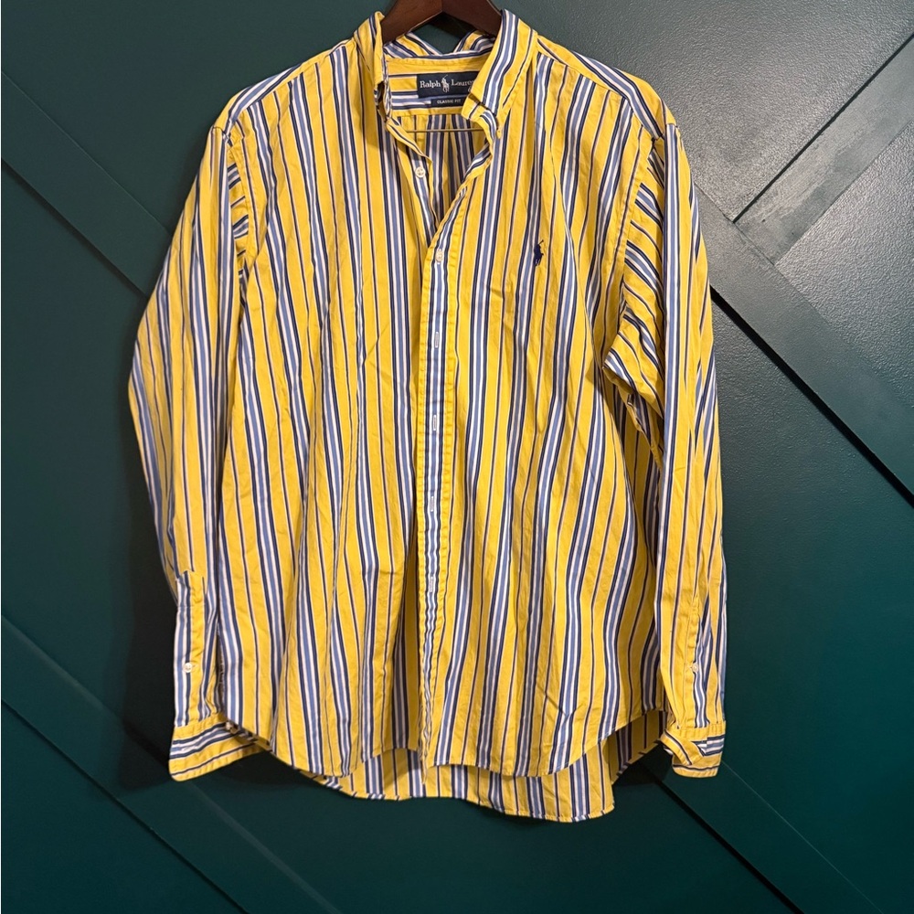 Ralph Lauren Yellow Navy White Striped Cotton Button-Down Shirt